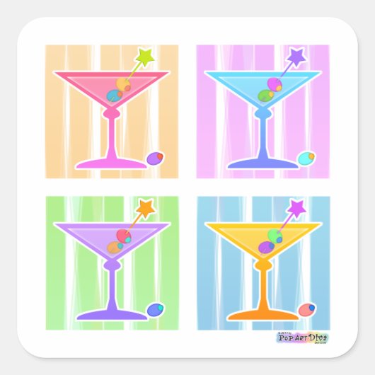 PASTEL POP ART MARTINIS QUADRATISCHER AUFKLEBER (Vorderseite)