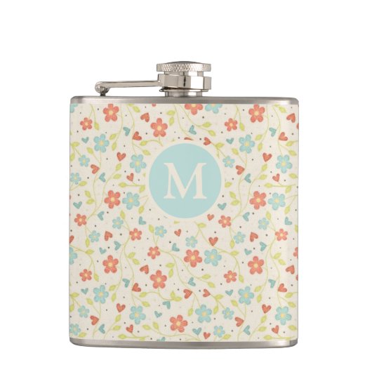 Pastel Pretty Spring Floral Pattern Monogram Flachmann (Vorderseite)
