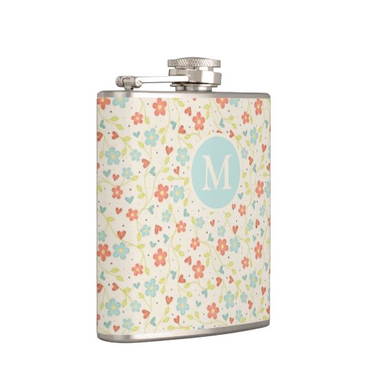 Pastel Pretty Spring Floral Pattern Monogram Flachmann (Rechts)