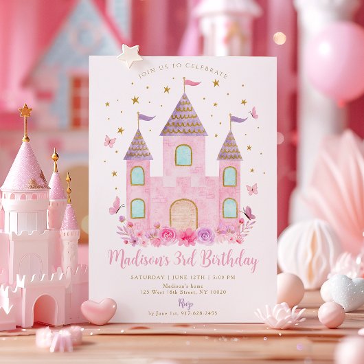 Pastel Princess Castle Butterfly Flower Birthday Einladung