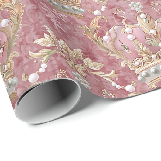 Pastel Princess Crowns Damask Pearls Geschenkpapier (Rolleneckpunkt)
