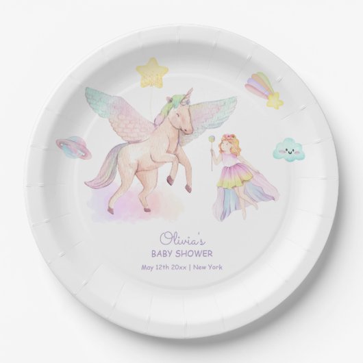 Pastel Princess Unicorn Kinderdusche Pappteller (Vorderseite)