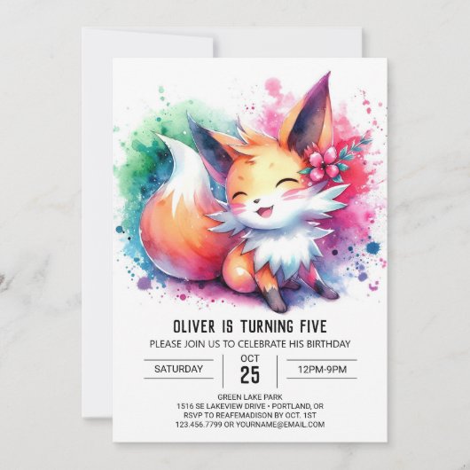 Pastel Printable Fox Birthday Einladung (Vorderseite)