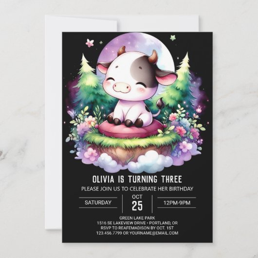 Pastel Printable Kuh Geburtstag Einladung (Vorderseite)