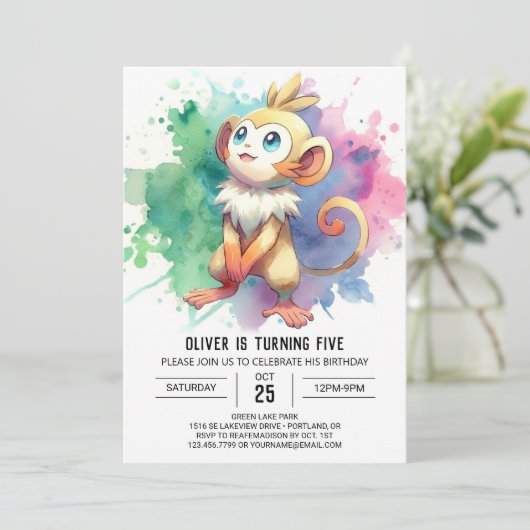 Pastel Printable Monkey Birthday Einladung (Stehend Vorderseite)