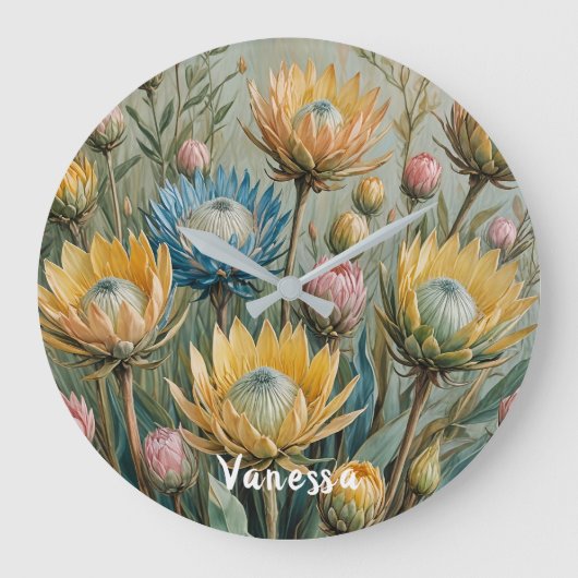 Pastel Protea Traumhaft: Elegante Blumen Große Wanduhr (Vorderseite)