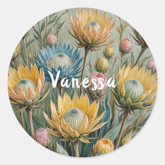 Pastel Protea Traumhaft: Elegante Blumen Runder Aufkleber (Vorderseite)