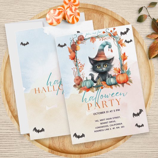 Pastel Pumpkin Patch Black Cat Halloween-Party Einladung