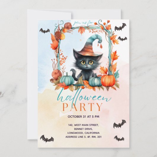 Pastel Pumpkin Patch Black Cat Halloween-Party Einladung (Vorderseite)