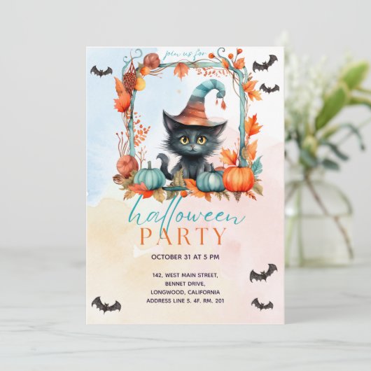 Pastel Pumpkin Patch Black Cat Halloween-Party Einladung (Stehend Vorderseite)