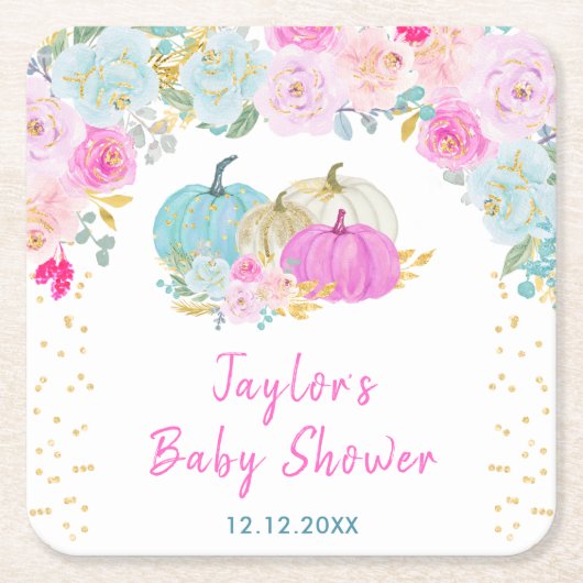 Pastel Pumpkins Floral Baby Dusche Rechteckiger Pappuntersetzer (Vorderseite)