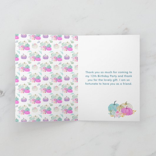 Pastel Pumpkins Floral Birthday Party Dankeskarte (Innenseite)