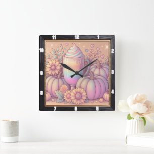 Pastel Pumpkins Rainbow Drink Quadratische Wanduhr