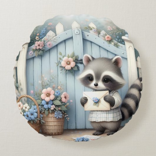 Pastel Raccoon Letter Garden Rundes Kissen (Vorderseite)