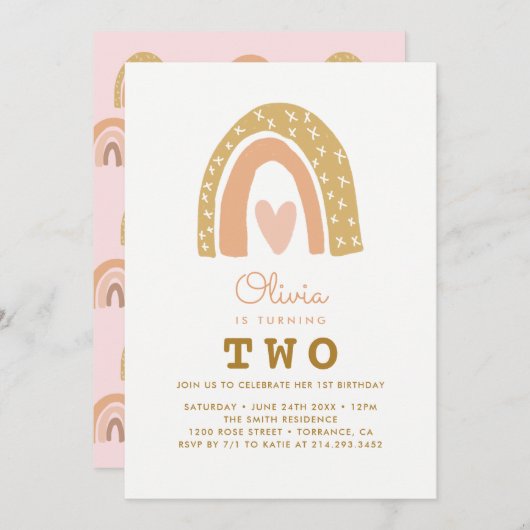 Pastel Rainbow 2. Geburtstag Einladungskarten (Vorne/Hinten)