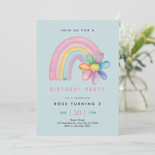 Pastel Rainbow 3. Geburtstag Party Einladung (Stehend Vorderseite)