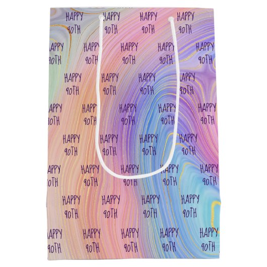 Pastel Rainbow 90th Birthday Medium Geschenktasche Mittlere Geschenktüte (Rückseite)