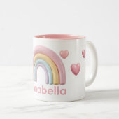 Pastel Rainbow and Hearts with Pink Custom Name Zweifarbige Tasse (VorderseiteRechts)