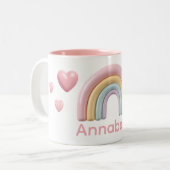 Pastel Rainbow and Hearts with Pink Custom Name Zweifarbige Tasse (Vorderseite Links)
