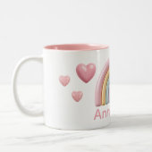 Pastel Rainbow and Hearts with Pink Custom Name Zweifarbige Tasse (Links)