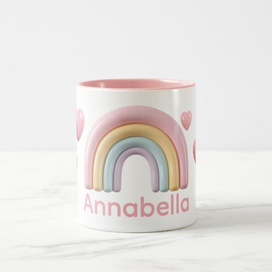 Pastel Rainbow and Hearts with Pink Custom Name Zweifarbige Tasse (Mittel)