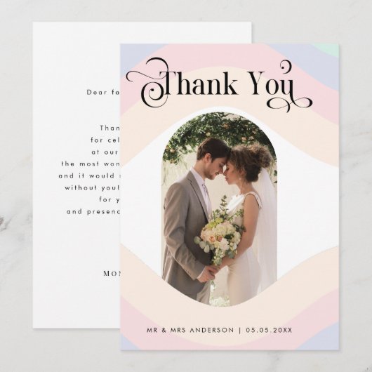 Pastel Rainbow Arch Foto & Retro Script Wedding Dankeskarte (Vorne/Hinten)