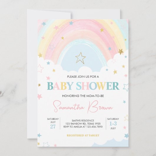 Pastel Rainbow Baby Dusche Einladung (Vorderseite)