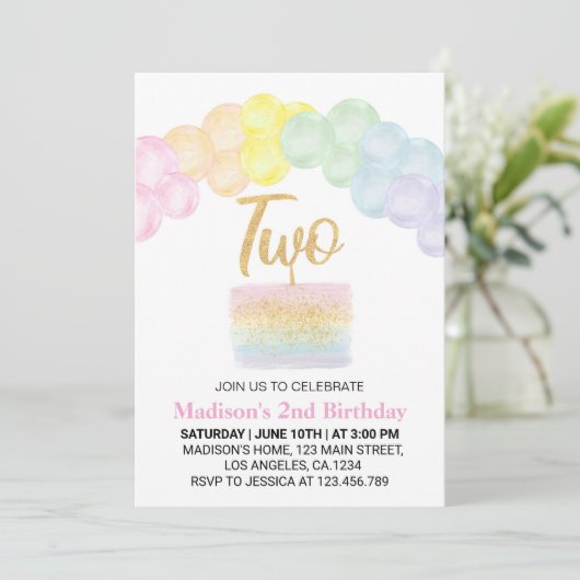 Pastel Rainbow Ballon 2. Geburtstag Einladung (Stehend Vorderseite)