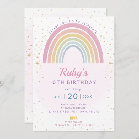 Pastel Rainbow Birthday Party Einladung (Vorne/Hinten)