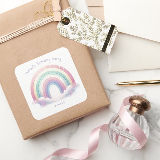 Pastel Rainbow Birthday Party Square Stickers (Schenken)