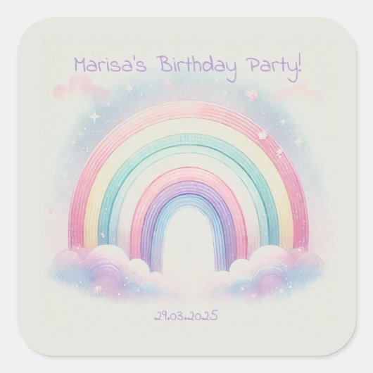 Pastel Rainbow Birthday Party Square Stickers (Vorderseite)