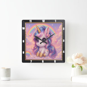 Pastel Rainbow Cartoon Unicorn Quadratische Wanduhr