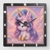 Pastel Rainbow Cartoon Unicorn Quadratische Wanduhr (Vorderseite)