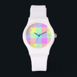 Pastel Rainbow Checkered Armbanduhr<br><div class="desc">Dieses helle, farbenfrohe Design hat ein leicht strukturiertes, sich wiederholendes, karges Muster in einem lebhaften Regenbogen in Pastellfarben. Es ist ein stilvolles, lebendiges, hübsches kariertes Schachbrettmuster, das wie Frühling aussieht. Genießen Sie es wie besehen oder nutzen Sie es als Hintergrund für Ihren Text oder Ihr Foto. Die Uhrennummern sind weiß...</div>