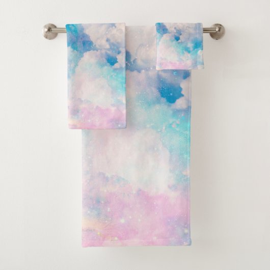 Pastel Rainbow Cloudy Sky Ästhetik Badhandtuch Set (Insitu)