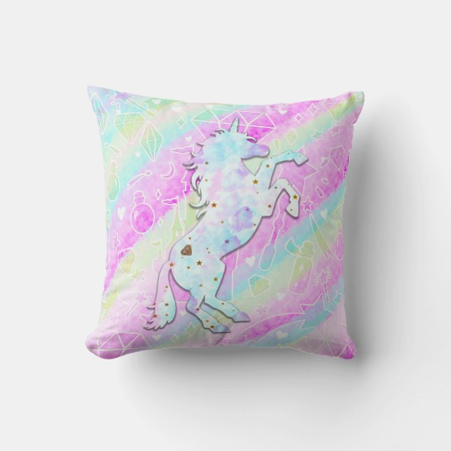 Pastel Rainbow Diamonds & Stars Magisches Einhorn Kissen (Vorderseite)
