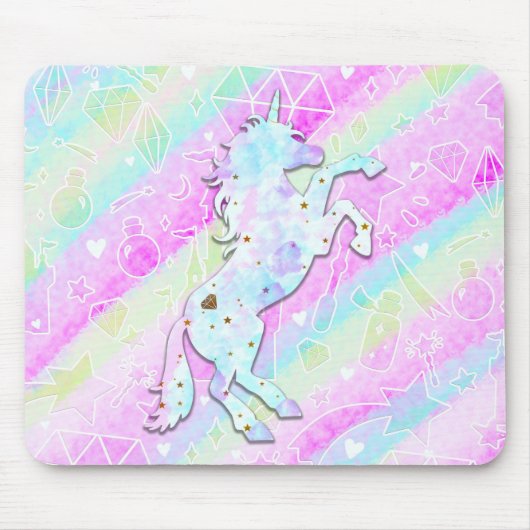 Pastel Rainbow Diamonds & Stars Magisches Einhorn Mousepad (Vorne)