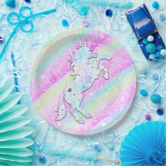 Pastel Rainbow Diamonds & Stars Magisches Einhorn Pappteller (Party)