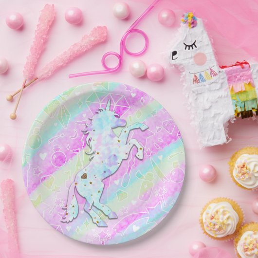Pastel Rainbow Diamonds & Stars Magisches Einhorn Pappteller (Party)