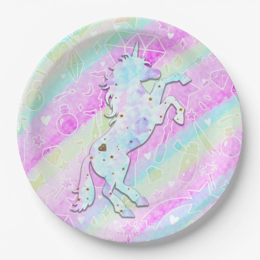 Pastel Rainbow Diamonds & Stars Magisches Einhorn Pappteller (Vorderseite)