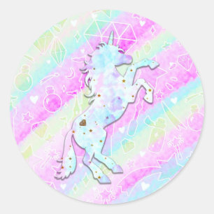 Pastel Rainbow Diamonds & Stars Magisches Einhorn Runder Aufkleber