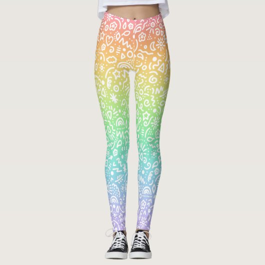 Pastel Rainbow Doodles Leggings (Vorderseite)