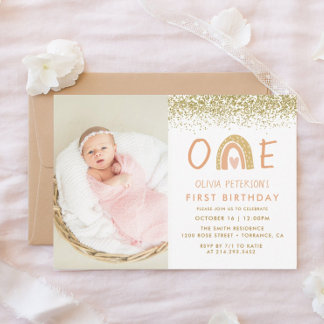 Pastel Rainbow Erster Geburtstag Foto Einladung