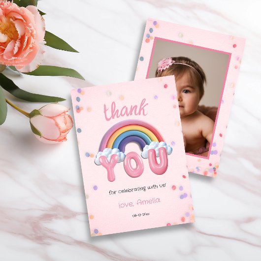 Pastel Rainbow First Birthday Thank You Photo Card Dankeskarte