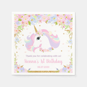 Pastel Rainbow Floral Niedlich Unicorn Geburtstags Serviette