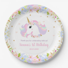 Pastel Rainbow Floral Niedlich Unicorum Geburtstag Pappteller