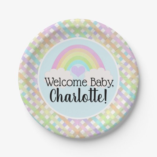 Pastel Rainbow Gingham Welcome Baby Shower Pappteller (Vorderseite)