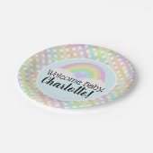 Pastel Rainbow Gingham Welcome Baby Shower Pappteller (Schrägansicht)