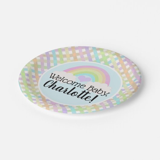Pastel Rainbow Gingham Welcome Baby Shower Pappteller (Schrägansicht)