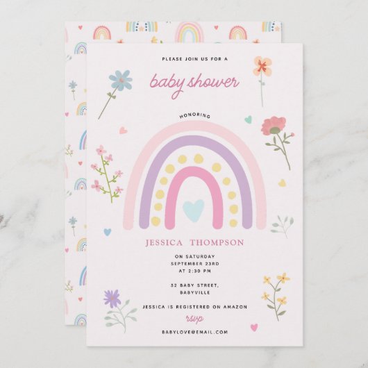 Pastel Rainbow Girl Wildblumen Herz Babydusche Einladung (Vorne/Hinten)
